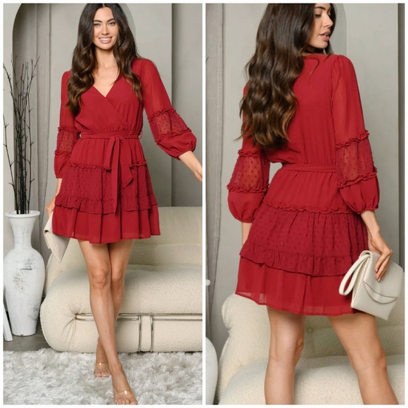 LAST ONE❗️BaeVely By Polagram Burgundy 3/4 Sleeves Short Tiered Dress - Picture 8 of 8